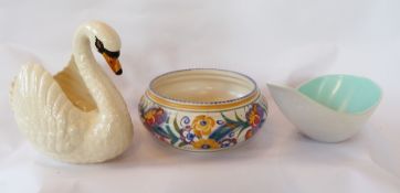 Quantity of ceramics to include:- pair Dartmouth pottery vases, in the form of swans, Poole