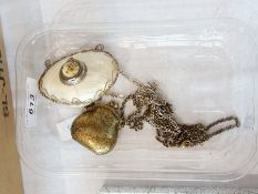 Lady's miniature purse and neck chain and another mother-of-pearl item (1 box)