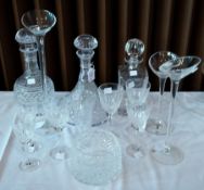 Three cut glass decanters, small cut bowl, quantity cut wines and three modern candleholders with