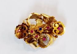 Continental gold-coloured openwork brooch in the form of a basket and flowers and set blue and