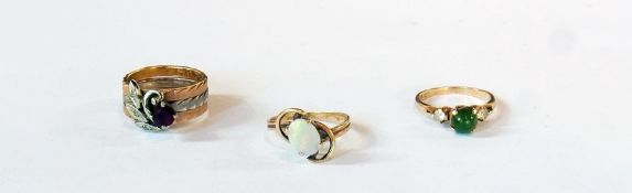 9ct, green stone and diamond ring, another gold and opal ring and a gold and white gold ring with