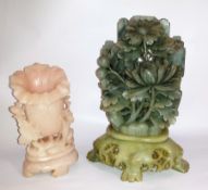 Two Chinese floral soapstone groups, one grey soapstone and another pink (2)