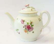 18th century Worcester bullet-shaped teapot, painted with polychrome floral sprays and having floral