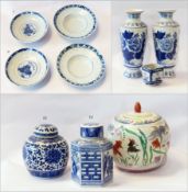 Pair Chinese blue and white dishes, Chinese blue and white ginger jar, pair blue and white vases,
