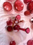 Cranberry and clear glass tumbler with air bubble decoration, similar ruby vase, and four other