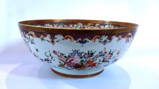 19th century Chinese bowl, cream glaze with orange and gilt border, decorated with butterflies and
