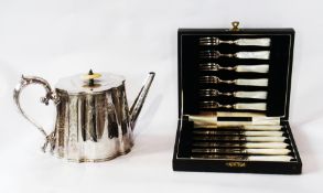 EPNS teapot, foliate engraved and set of six EPNS fruit knives and forks with mother-of-pearl