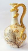 Victorian Royal Worcester porcelain ewer, having cream scale moulded ground, elongated neck with