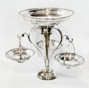 Elkington plated epergne, removable top, three hanging dishes, trumpet stand