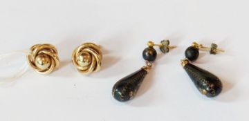 Gold-coloured metal hollow twist earrings, and another pair of antique and pique work earrings (4)