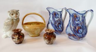 Quantity of ceramics to include:- pair blue jugs, pair small vases, animal models (1 box)