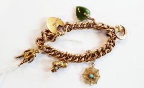 9ct gold curb link charm bracelet with padlock clasp and five various charms, 30.6g approx.