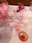 Pink and white striped and clear glass model bird, pink and clear model pig, cranberry and clear