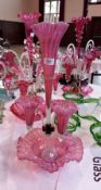 Victorian cranberry and vaseline glass epergne having central flute and two further small trumpet