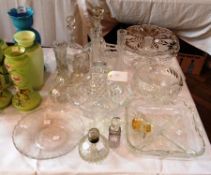 Two cut glass decanters, large cut glass basket, large swan, pair Victorian panelled vases with