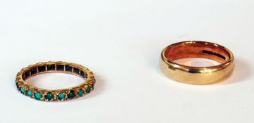 9ct gold wedding ring, plain and a gold eternity ring set turquoise and jade cabochons (2)