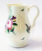18th century creamware jug, with double scroll handle, painted with floral spray including rose