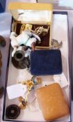 A small circular piquet work trinket box, a quantity of costume jewellery, cufflinks, gold-