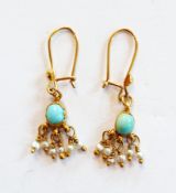 Pair gold-coloured metal, turquoise and seedpearl drop earrings
