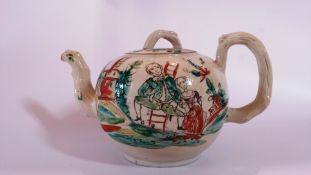 Mid 18th century Staffordshire salt glaze small teapot, having branch handle to the painted lid, the