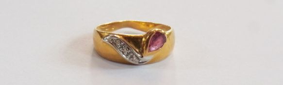 Gold, ruby and diamond tear-shaped ring