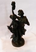 20th century composition statue of male and female classical figures, male figure holding bunch of