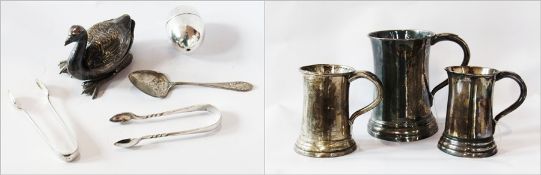 Quantity EPNS items, to include:- three mugs, salt cellar in the form of a swan, eggcup, two sugar