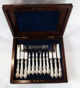 Six pairs EPNS fruit knives and forks, in wooden case