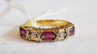 Gold-coloured metal, ruby and diamond half-eternity ring, set three rectangular cut rubies and two
