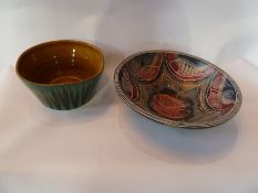 Jambo Kenyan bowl, blue, red and grey ground with handpainted white fishes, mark to base "Jambo