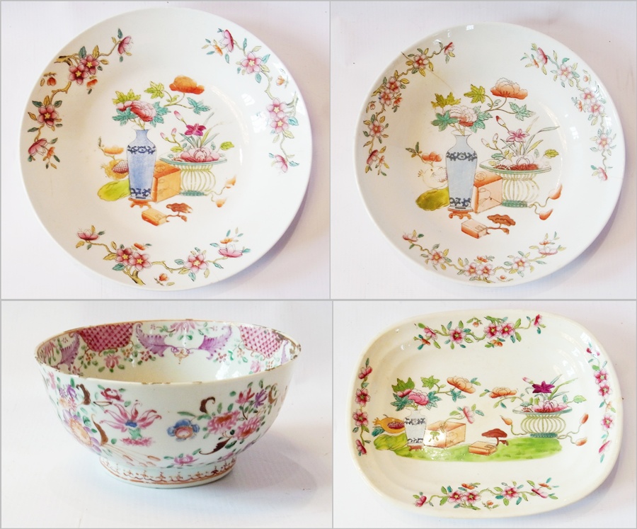 An early 19th century English porcelain dish with chinoiserie decoration with another, together with