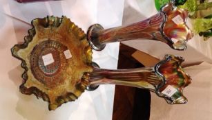 Pair of carnival glass vases and similar carnival glass dish