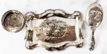 A Victorian silver-mounted brush and dressing table tray, with Art Nouveau style border and embossed