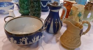 Blue and white stoneware milk jug, baluster shape and fern decorated, blue and white stoneware salad