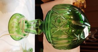 Early 20th century green cut overlay glass lamp, the pointed dome shade, slash and star cut, the