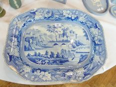 19th century blue and white pottery meatplate, rectangular with cut-off corners, decorated to the