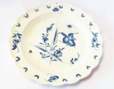 18th century creamware plate, blue and white floral spray decorated with scalloped and moulded