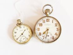 A large open-faced pocket watch with chromed case, luminous numerals on an enamel dial with