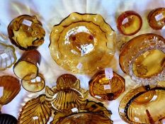Victorian amber and clear glass frilled glass flower bowl, on scroll supports and a quantity other
