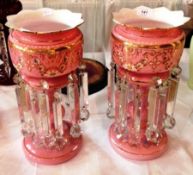 Pair Victorian pink and white opaline glass lustres, each with pointed scalloped everted rim,