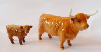 Beswick model Highland cow and a smaller Beswick calf (2)