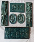 A green glazed pottery tile of classical figures, another depicting cherubs, two large rectangular