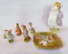 Four pottery Beswick Beatrix Potter figurines, pottery lidded container, in the form of a Beatrix