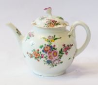 18th century Worcester porcelain bullet-shaped teapot, the lid with flowerhead finial and allover