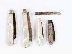 Three 19th century silver-bladed folding fruit knives, with mother-of-pearl scales, another with a