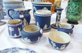 Late Victorian/Edwardian Wedgwood Royal blue and white stoneware jardiniere, cylindrical,