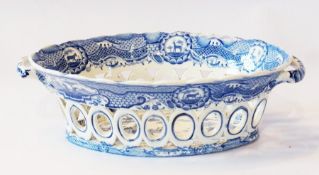 19th century Staffordshire blue and white transfer print oval basket, with open fretwork sides