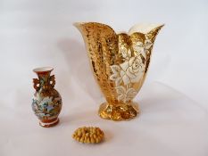 Small Japanese Satsuma vase, a Bakelite flower brooch and a Royal Suffolk gilt coloured vase (3)