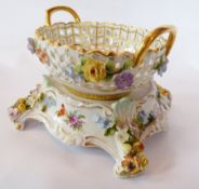 Dresden china bowl, pierced and moulded foliate decoration, and a Dresden china stand, gilt and