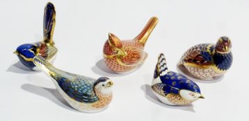 Five Royal Crown Derby paperweights all with gold stoppers viz:- limited edition game bird, signed